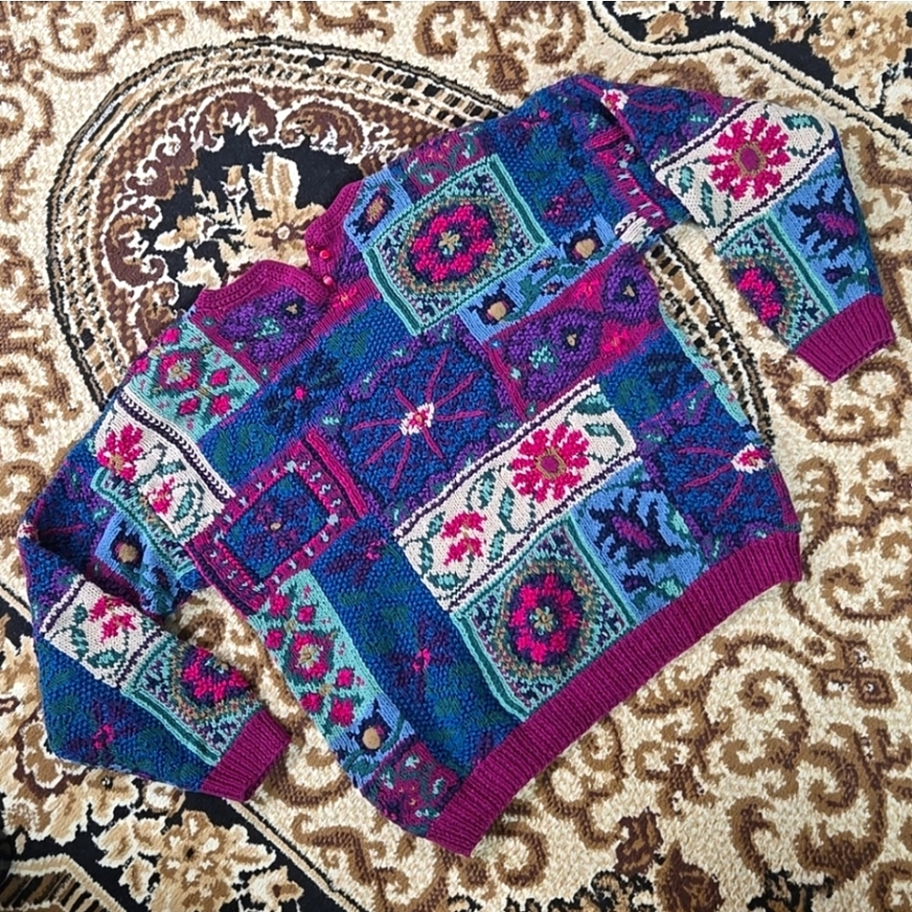 90s Northern Isles Handknit Floral Patchwork Sweater Cottagecore Whimsigoth 1990